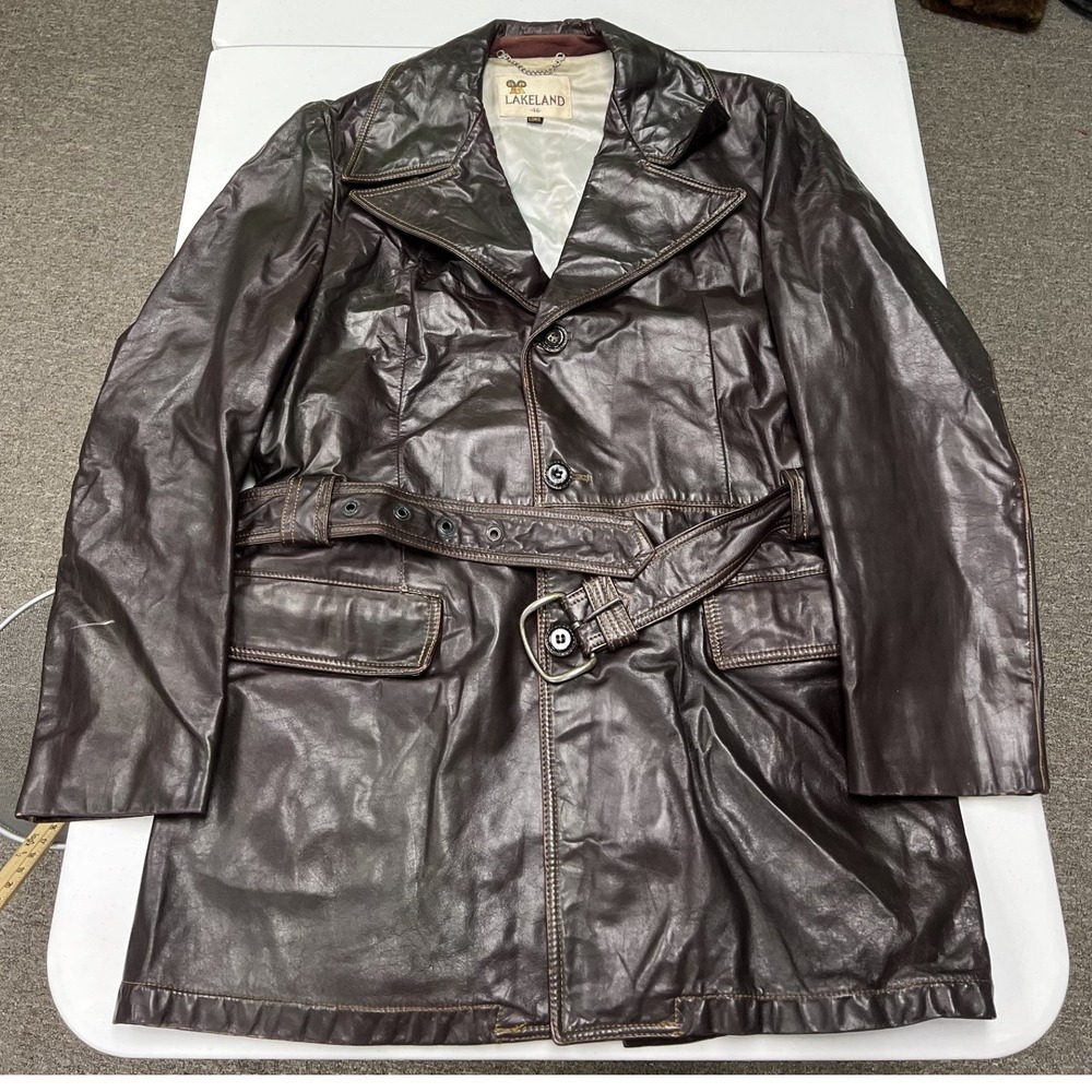 Lakeland Leather Trench Coat Mens 46 Long Brown Vintage Belted Jacket D2